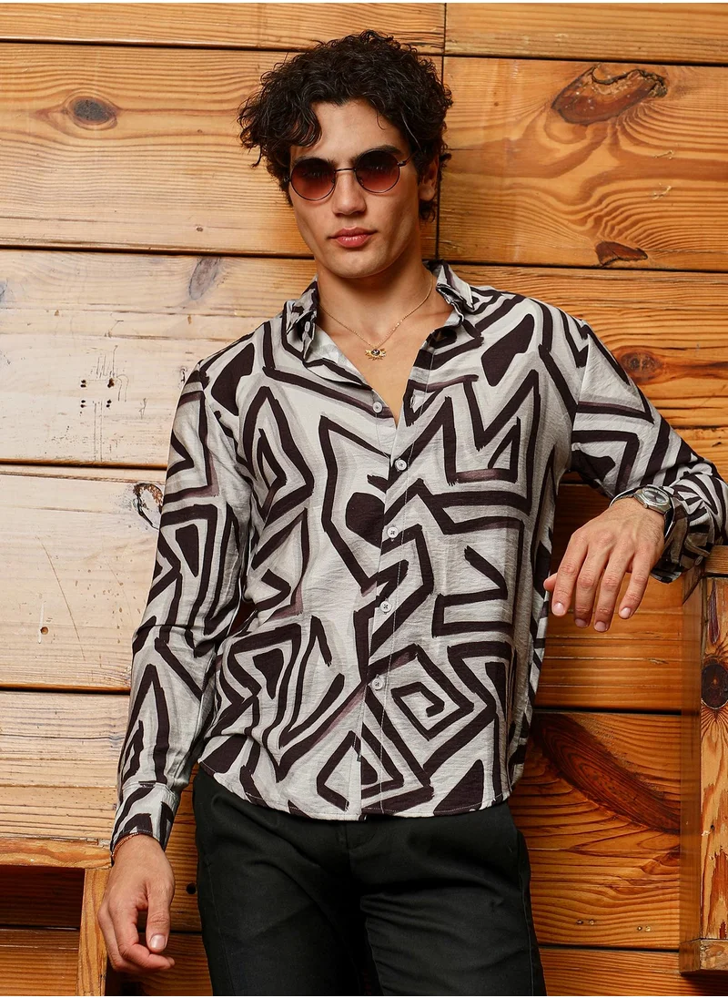 Campus Sutra Men's Onyx Black & Cloud Grey Abstract Breezy Shirt