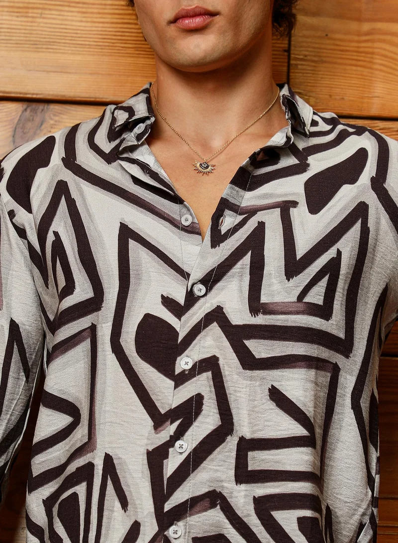 Campus Sutra Men's Onyx Black & Cloud Grey Abstract Breezy Shirt