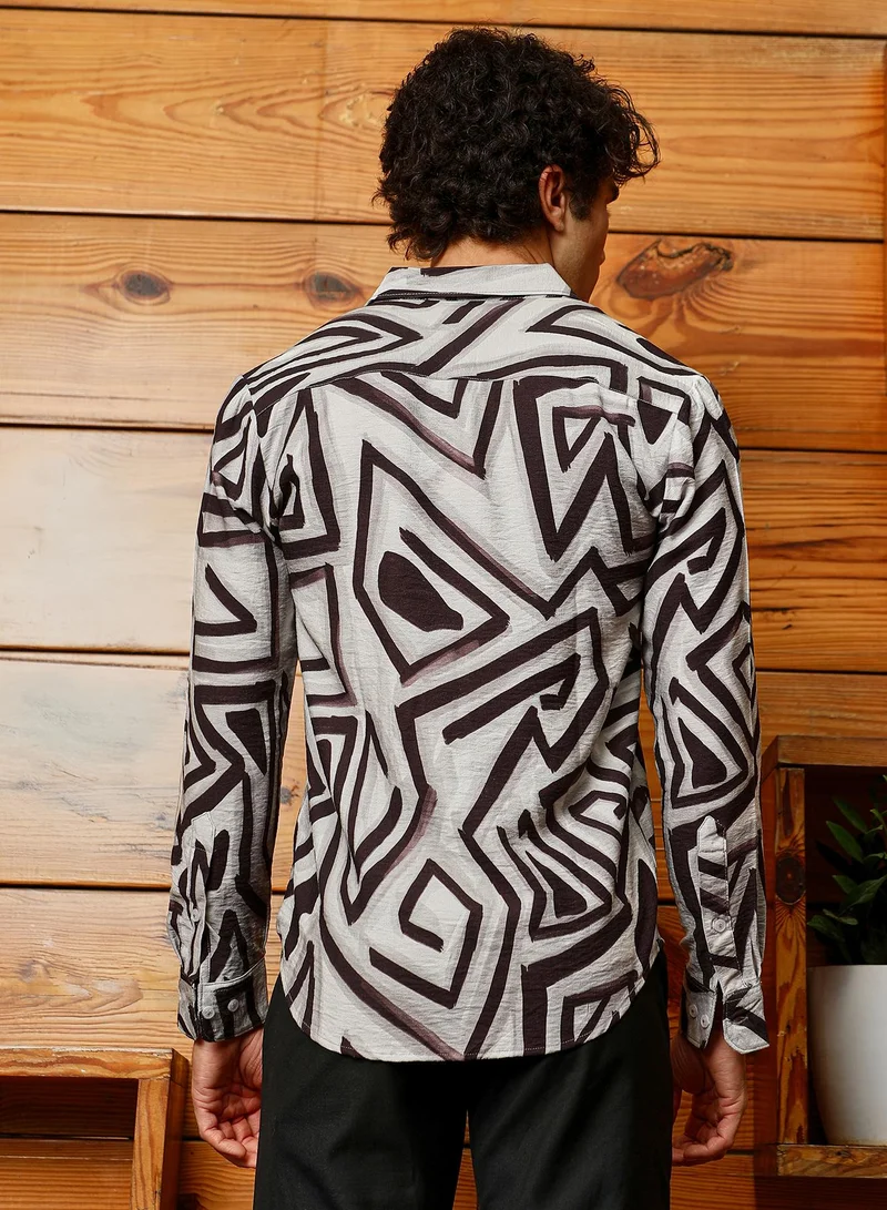 Campus Sutra Men's Onyx Black & Cloud Grey Abstract Breezy Shirt