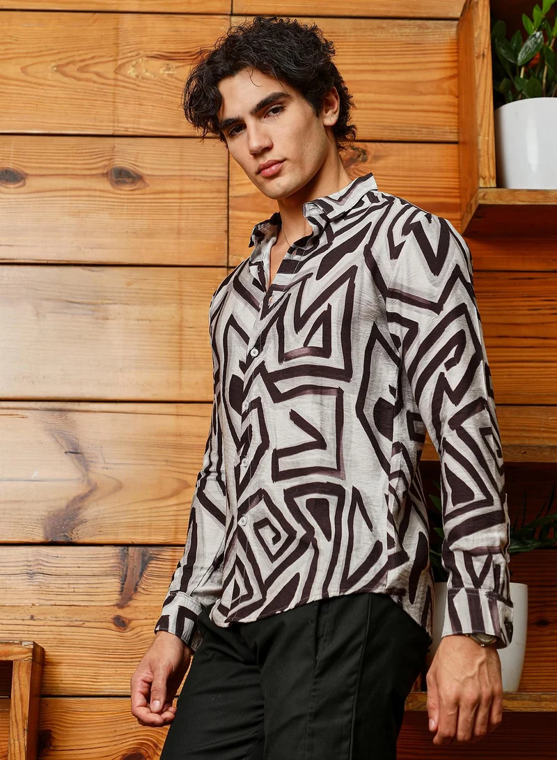 Campus Sutra Men's Onyx Black & Cloud Grey Abstract Breezy Shirt
