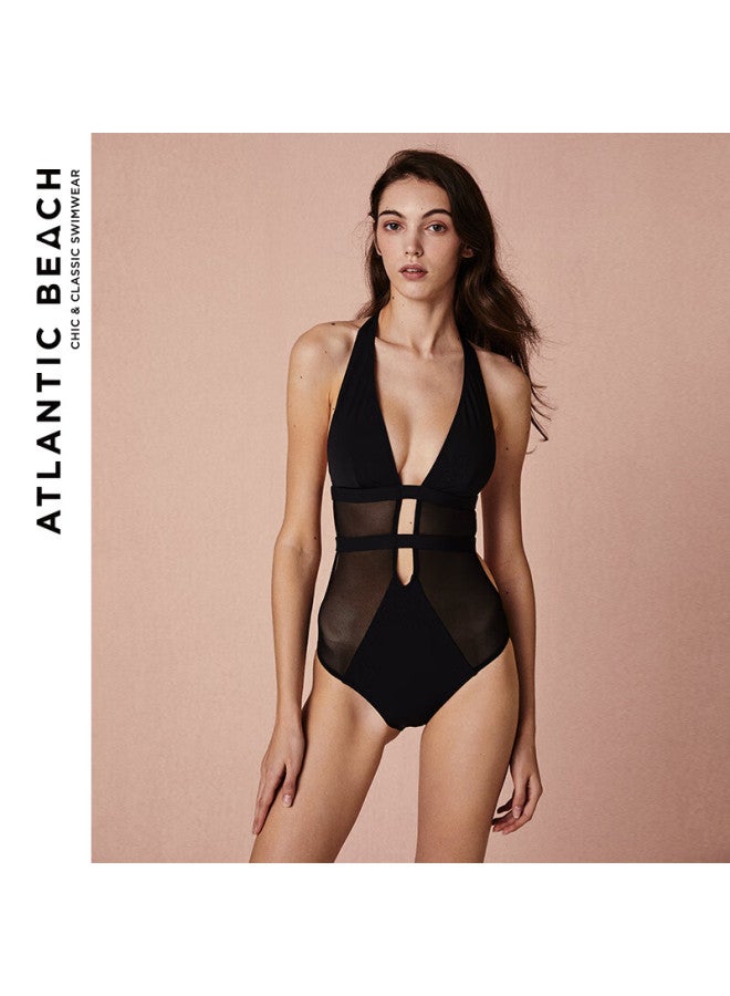 Atlanticbeach 2025ab Self-operated Vacation V-bust Cut-out Tulle One-piece Retro Swimsuit For Women, High-end Backless Swimwear - Image 3