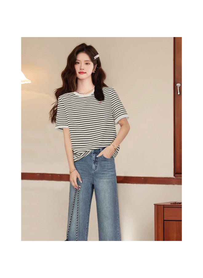 Striped Embroidered Knit T-shirt For Women - Summer Preppy Sweet Youthful Design Round Neck Short Sleeve Top Casual Versatile - Image 5