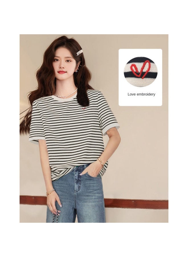 Striped Embroidered Knit T-shirt For Women - Summer Preppy Sweet Youthful Design Round Neck Short Sleeve Top Casual Versatile - Image 2