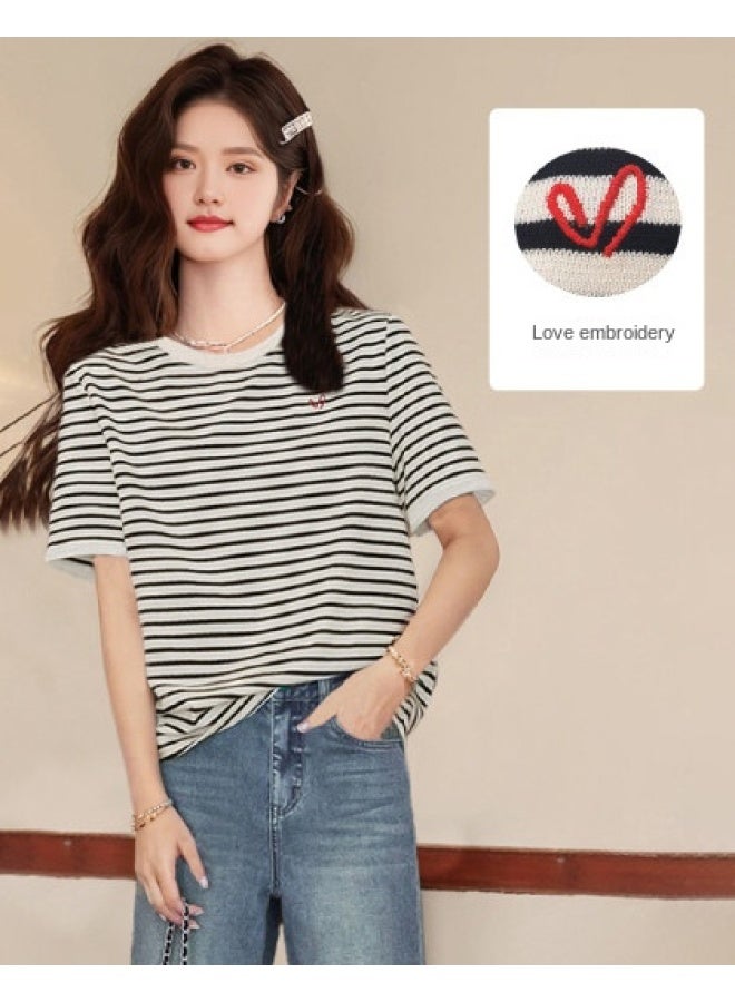 Striped Embroidered Knit T-shirt For Women - Summer Preppy Sweet Youthful Design Round Neck Short Sleeve Top Casual Versatile - Image 1