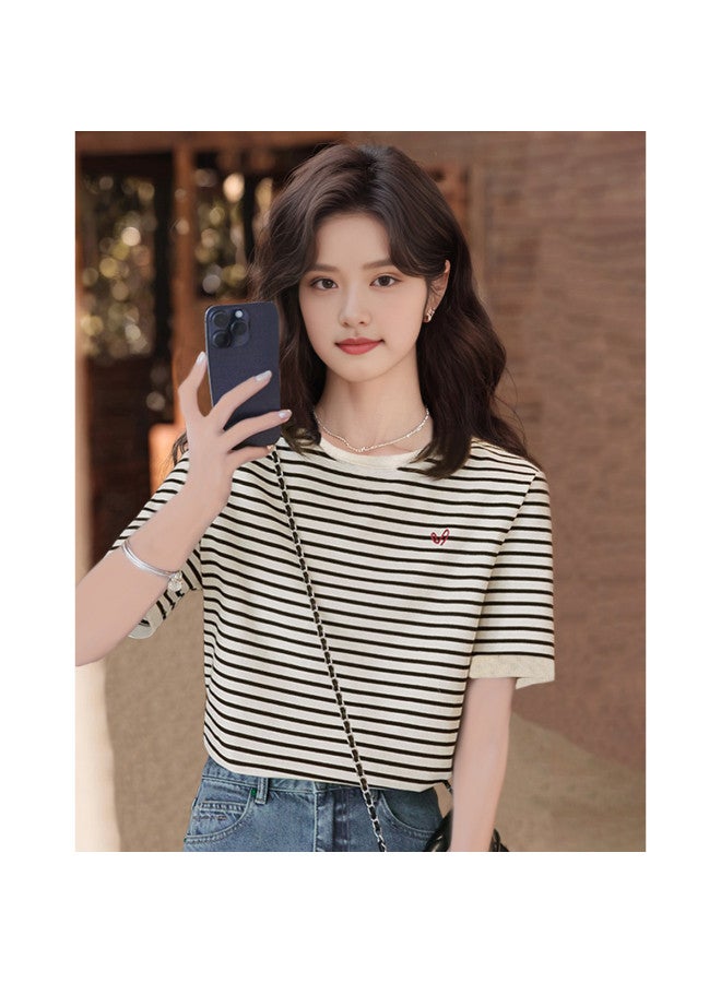 Striped Embroidered Knit T-shirt For Women - Summer Preppy Sweet Youthful Design Round Neck Short Sleeve Top Casual Versatile - Image 3