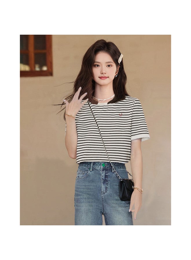 Striped Embroidered Knit T-shirt For Women - Summer Preppy Sweet Youthful Design Round Neck Short Sleeve Top Casual Versatile - Image 4