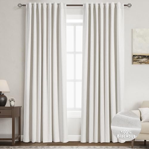 Nanspring Cream Linen Blackout Curtains 84 inch Length 2 Panels Set for Bedroom Thermal Insulated 100% Blackout Linen Drapes Back Tab Neutral Rustic Farmhouse Block Out Room Darkening Window Curtains Ivory - Image 1