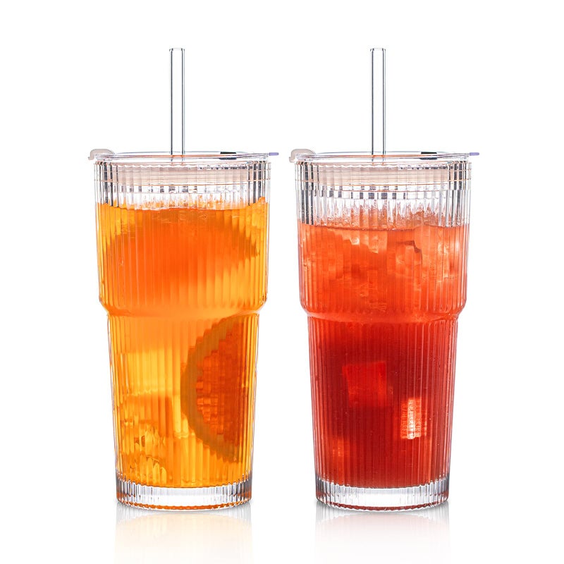 INSETLAN 20 oz Ribbed Glass Tumblers with Lids and Glass Straws  2Piece Glassware Set HeavyDuty Tumblers Ideal for Iced Coffee Smoothies Cocktails and Juices  Elegant and Durable Drinkware