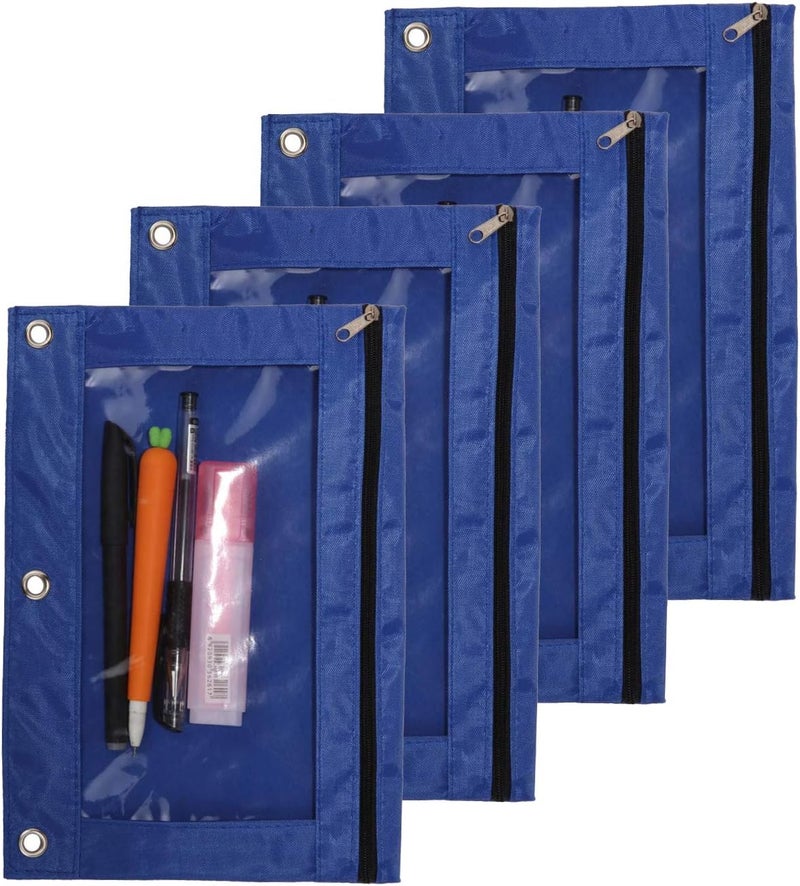 Binder Fabric Pencil Pouch 3-Ring Binder Pencil Case Bag with Zipper 4 Pack (blue)