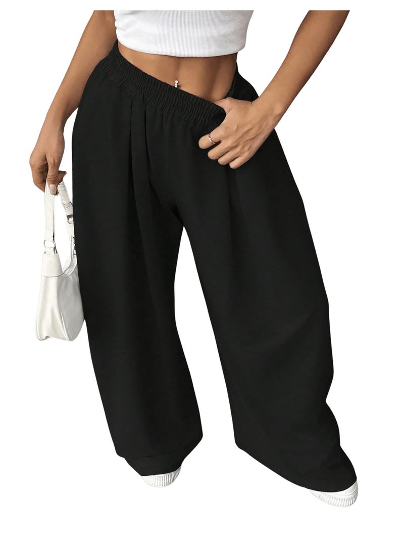 SweatyRocks Women's Barrel Pants Wide Leg High Waist Baggy Sweatpants Elastic Oversized Athletic Joggers Trousers Black Medium - Image 1