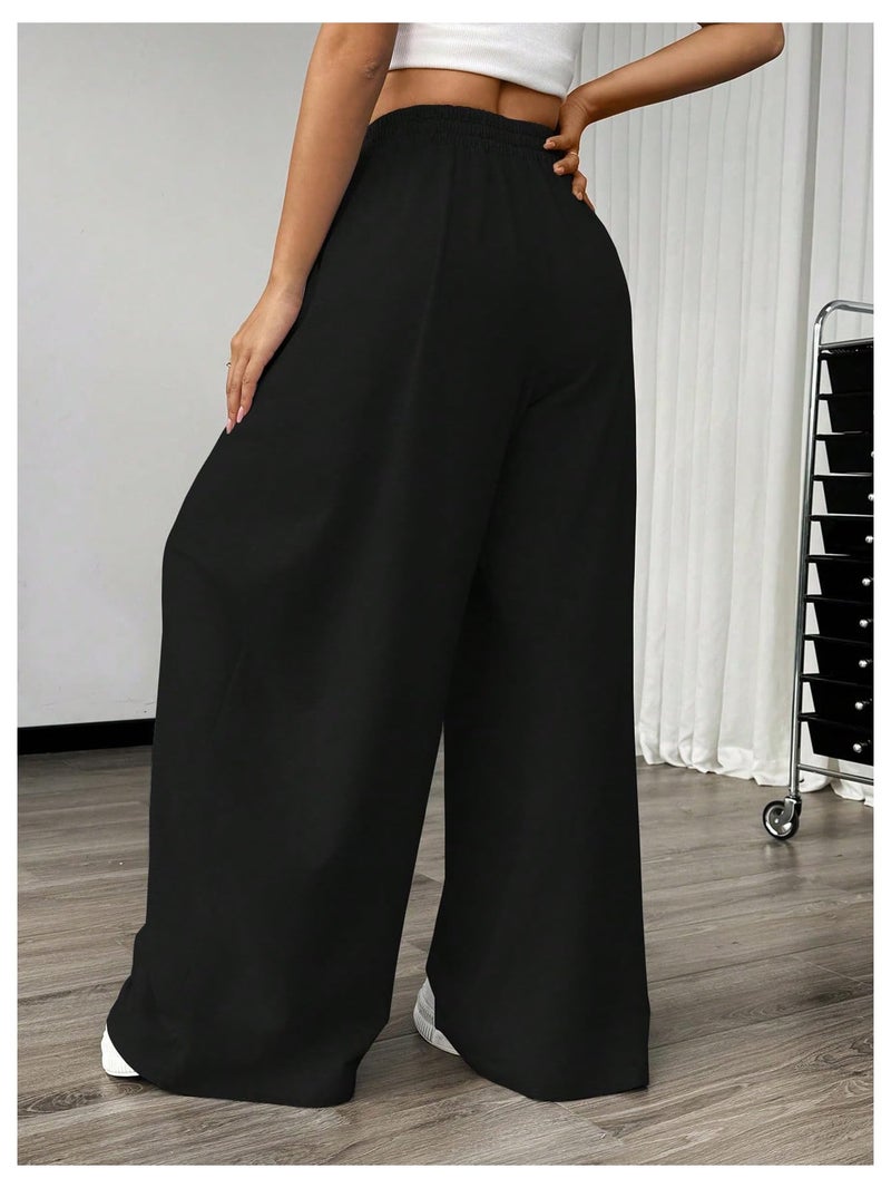 SweatyRocks Women's Barrel Pants Wide Leg High Waist Baggy Sweatpants Elastic Oversized Athletic Joggers Trousers Black Medium - Image 2
