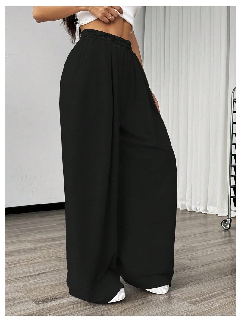 SweatyRocks Women's Barrel Pants Wide Leg High Waist Baggy Sweatpants Elastic Oversized Athletic Joggers Trousers Black Medium - Image 3