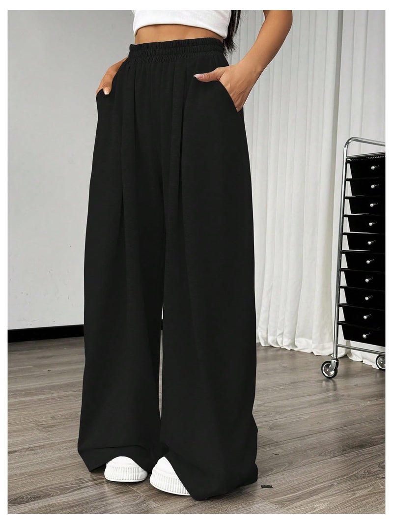 SweatyRocks Women's Barrel Pants Wide Leg High Waist Baggy Sweatpants Elastic Oversized Athletic Joggers Trousers Black Medium - Image 5