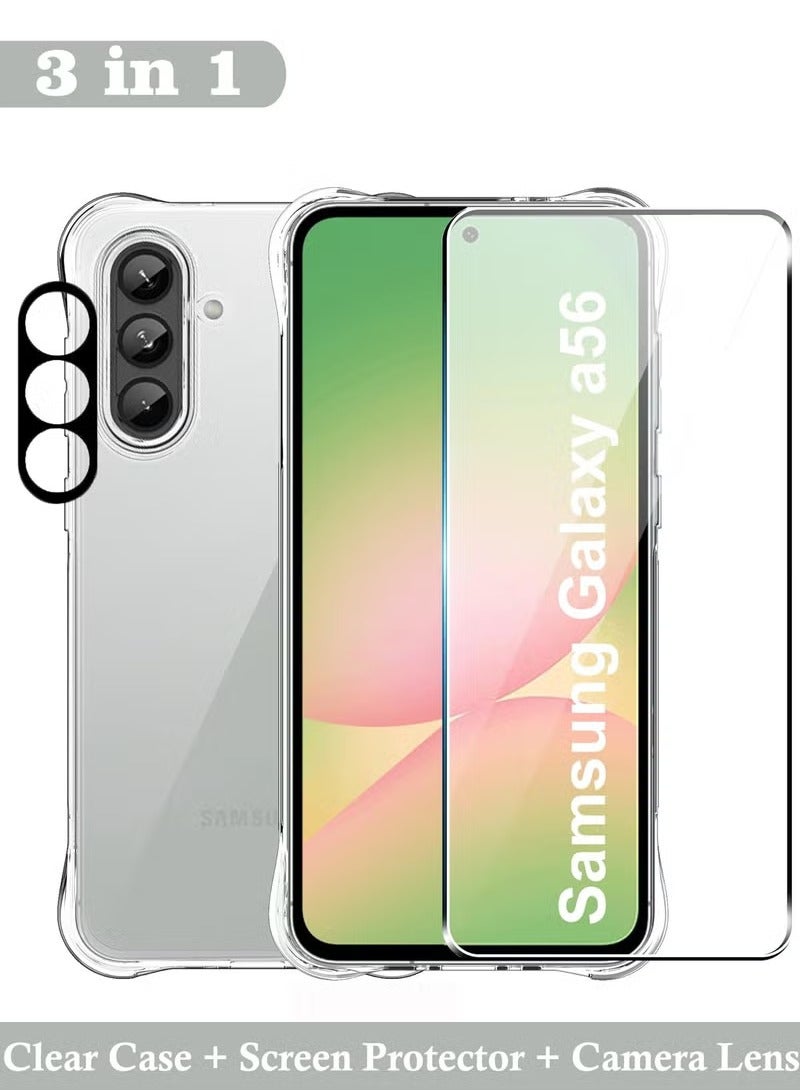 3 in 1 Samsung Galaxy A56 Case with Tempered Glass Screen Protector and Camera Lens Protector, Clear TPU, Reinforced Corner Shockproof, Anti-Scratch - Image 1