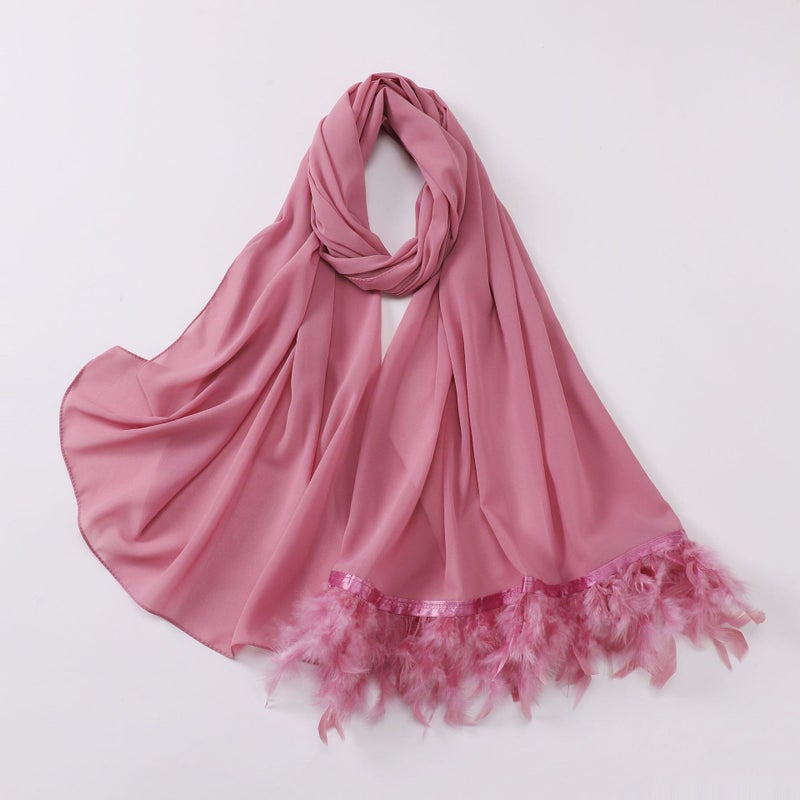 Elegant Chiffon Pearl Hijab Feather Shawl Peach pollen