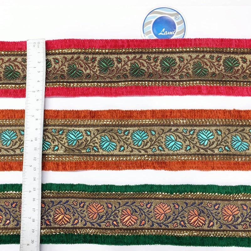 Lami 9 Meter Blue & Orange Border Flower Design Weaving Work Lace with Sequins Work, Banarasi Saree Lace Border Trim Ribbons, Bridal Lehenga Saree Dupatta Suit Anarkali Indian Fashion Accessories - Image 4