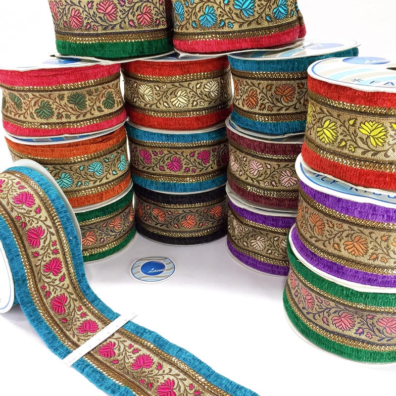 Lami 9 Meter Blue & Orange Border Flower Design Weaving Work Lace with Sequins Work, Banarasi Saree Lace Border Trim Ribbons, Bridal Lehenga Saree Dupatta Suit Anarkali Indian Fashion Accessories - Image 2