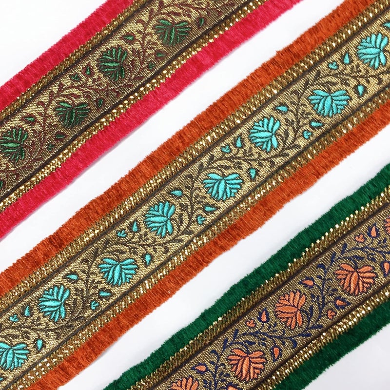 Lami 9 Meter Blue & Orange Border Flower Design Weaving Work Lace with Sequins Work, Banarasi Saree Lace Border Trim Ribbons, Bridal Lehenga Saree Dupatta Suit Anarkali Indian Fashion Accessories - Image 3