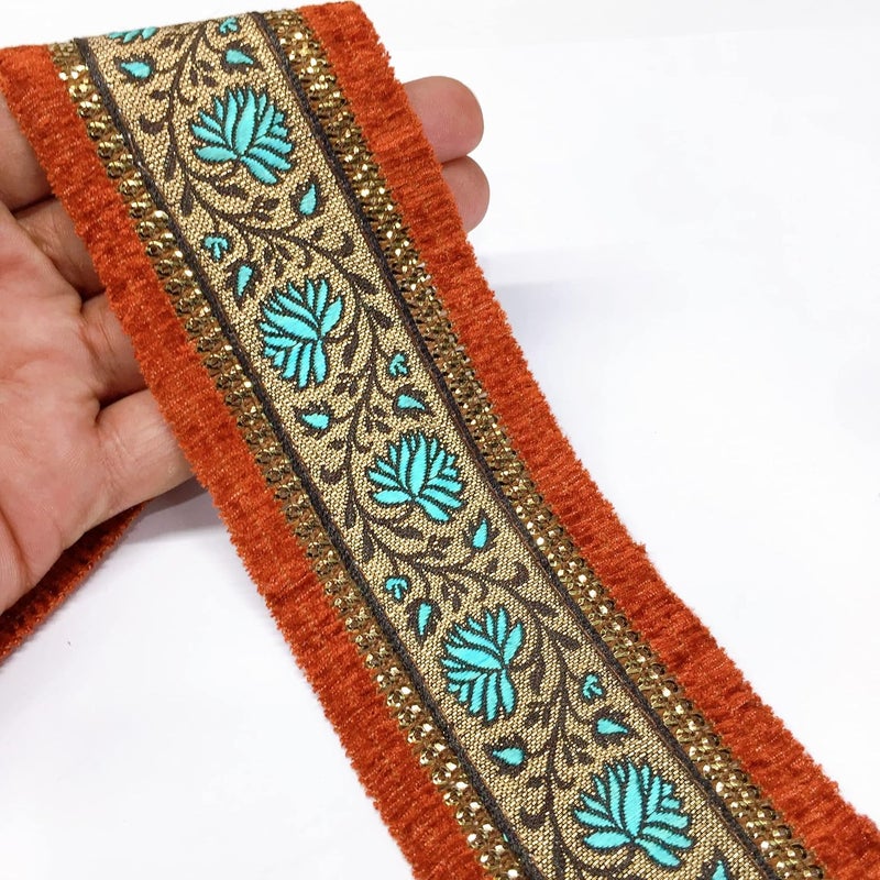 Lami 9 Meter Blue & Orange Border Flower Design Weaving Work Lace with Sequins Work, Banarasi Saree Lace Border Trim Ribbons, Bridal Lehenga Saree Dupatta Suit Anarkali Indian Fashion Accessories - Image 5