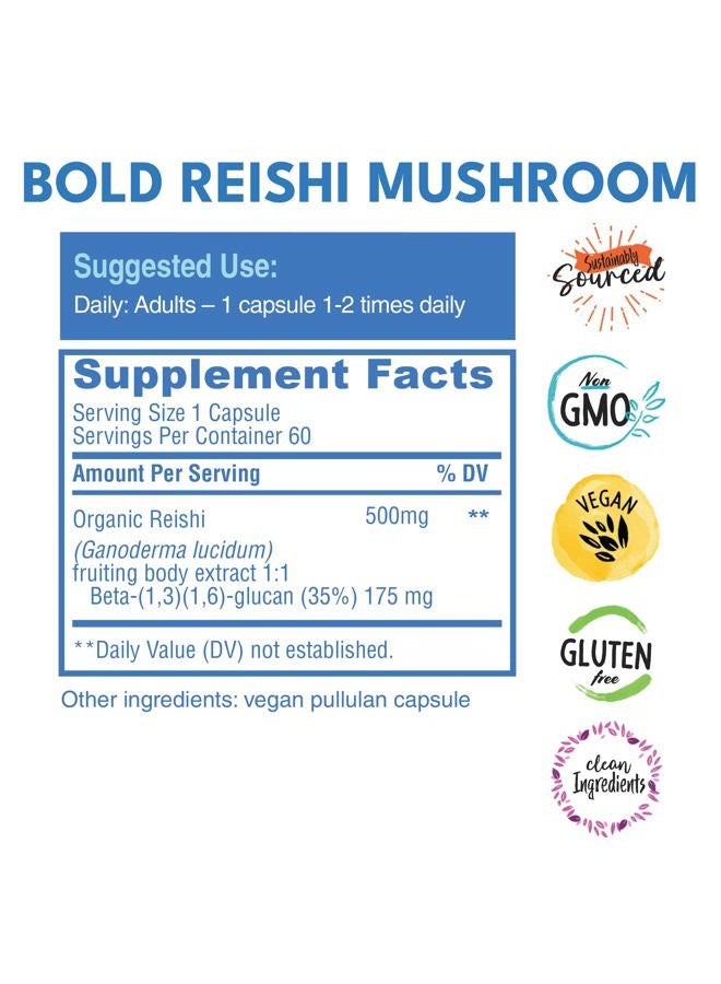 Bold Botanica Reishi Mushroom Capsules - 100% Fruiting Body - Concentrated Organic Reishi Extract for Immune Support & Core Wellness - No Mycelia & No Grain - 60 Vegan Capsules - Image 2