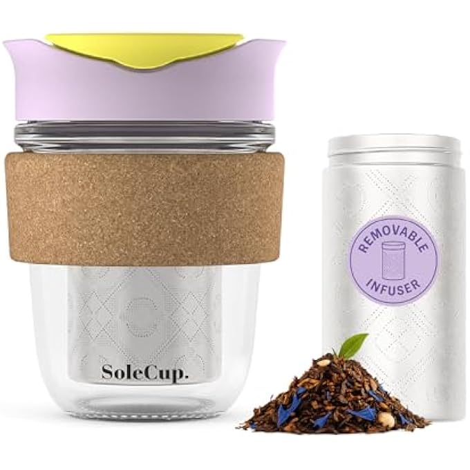 SoleCup. Solecup Travel Mug Loose Tea Infuser  Detachable Tea Strainer With Spillproof Lid  BpaFree Reusable Glass Travel Coffee Cup With Cork Band IceCream - Image 2