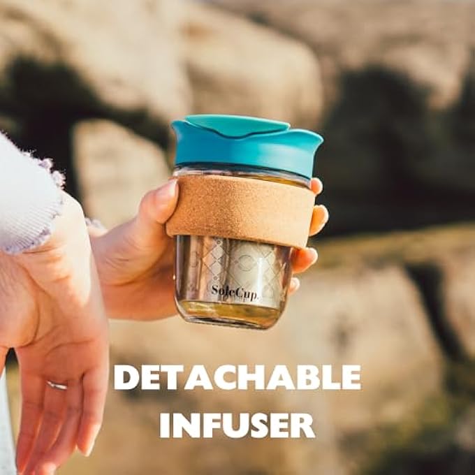 SoleCup. Solecup Travel Mug Loose Tea Infuser  Detachable Tea Strainer With Spillproof Lid  BpaFree Reusable Glass Travel Coffee Cup With Cork Band IceCream - Image 5