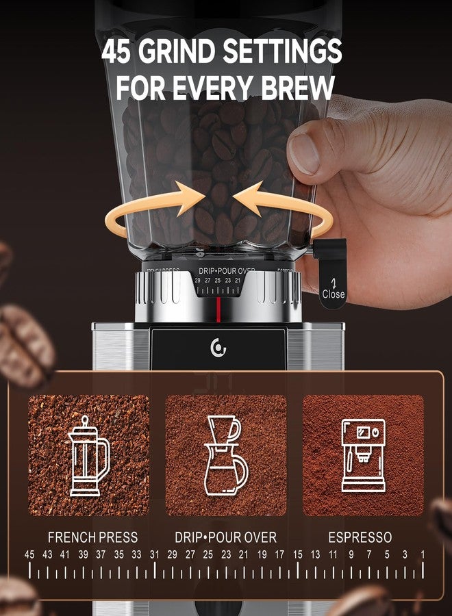 AMZCHEF Burr Coffee Grinder with 45 Precision Settings, Anti-Static Technology, 40mm Conical Burr, Touchscreen Control, 300g Hopper, for Espresso to French Press, Stainless Steel - Image 4