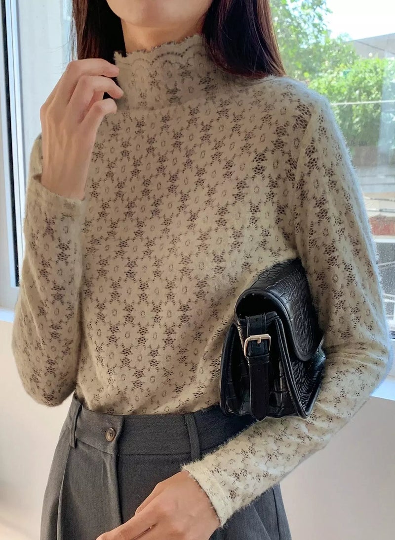 High Neck Solid Lace Tee  - Image 1