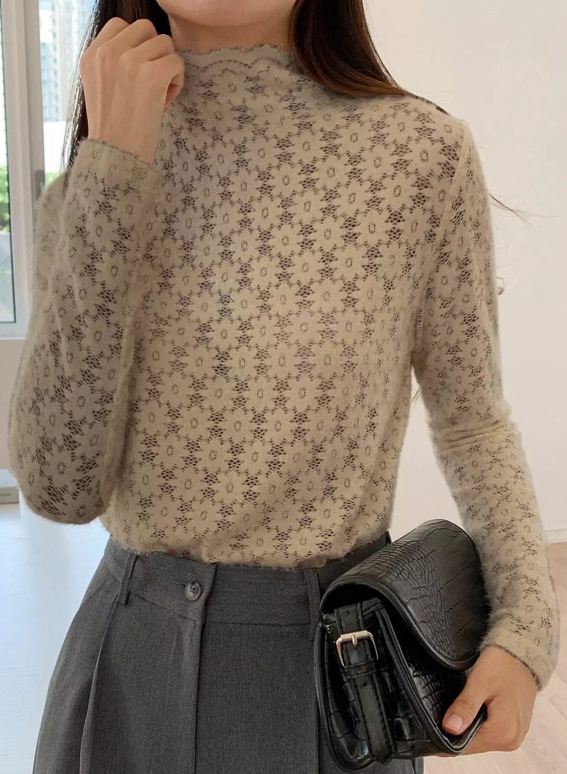 High Neck Solid Lace Tee  - Image 3