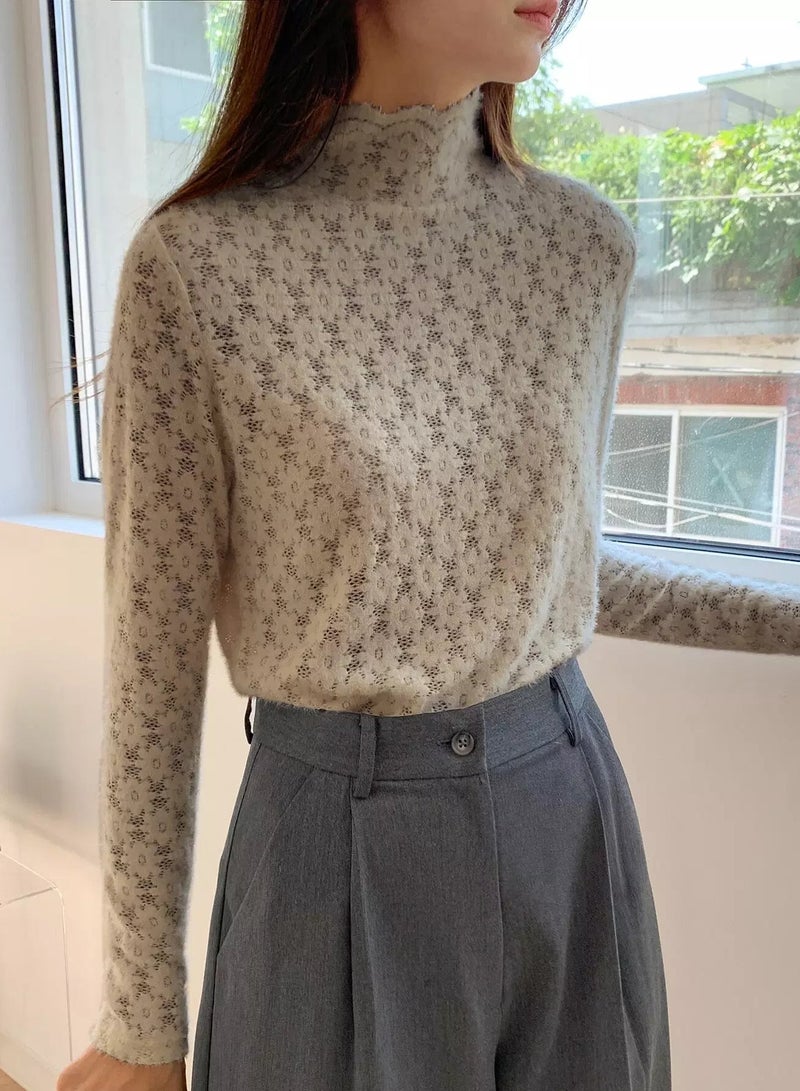High Neck Solid Lace Tee  - Image 2