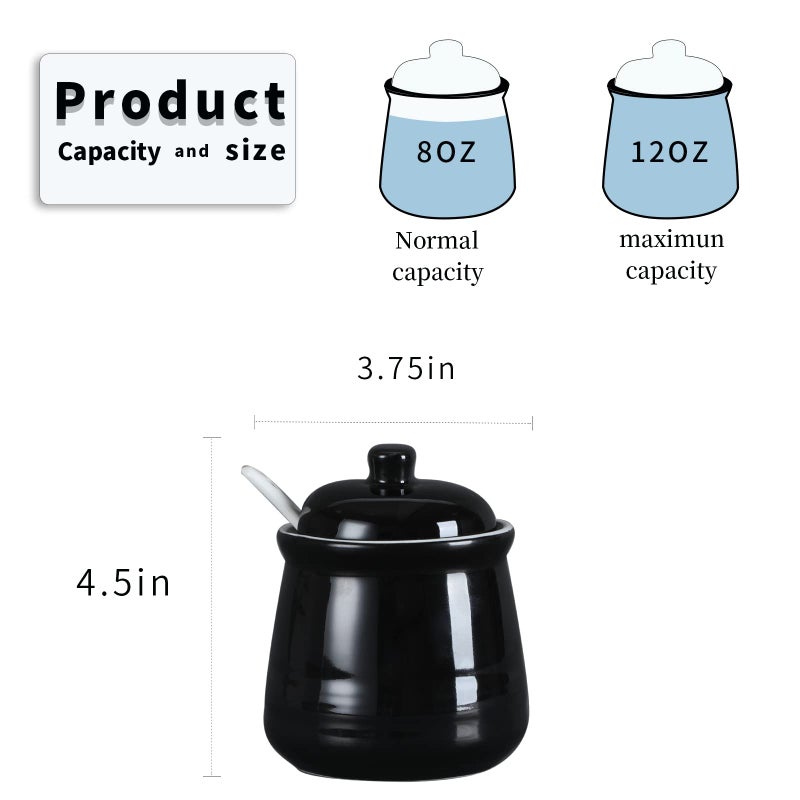 HAOTOP Porcelain Salt Bowl with Lid and Spoon Ceramic Sugar Bowl 12oz (Black) - Image 4