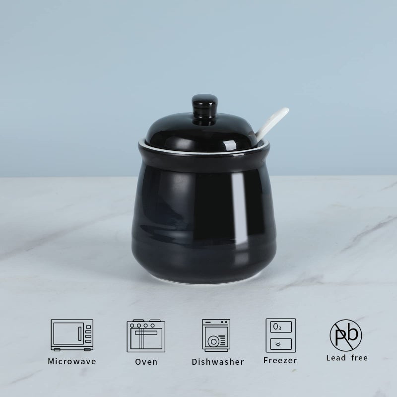 HAOTOP Porcelain Salt Bowl with Lid and Spoon Ceramic Sugar Bowl 12oz (Black) - Image 2