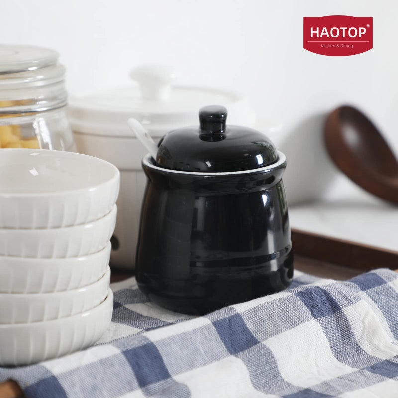 HAOTOP Porcelain Salt Bowl with Lid and Spoon Ceramic Sugar Bowl 12oz (Black) - Image 1