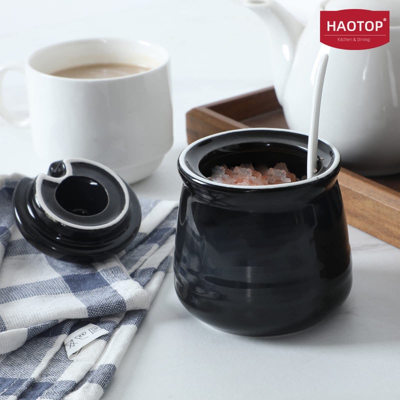 HAOTOP Porcelain Salt Bowl with Lid and Spoon Ceramic Sugar Bowl 12oz (Black) - Image 3