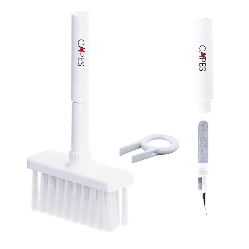 Capes أداة تنظيف متعددة الاستخدامات 5 في 1 مجموعة أدوات تنظيف للأجهزة المحمولة، اللابتوب، الكمبيوتر، ماك بوك، الكمبيوتر المكتبي، سماعات الأذن، آير بودز، منظف الأجهزة الإلكترونية، مجموعة تنظيف لوحة المفاتيح - أبيض - Image 1