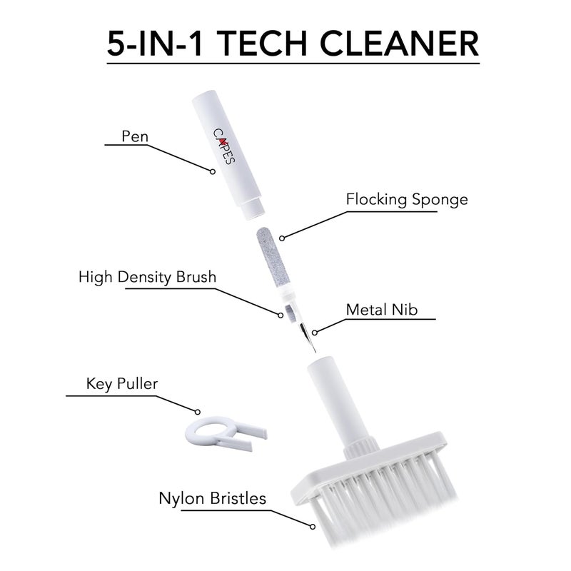 Capes أداة تنظيف متعددة الاستخدامات 5 في 1 مجموعة أدوات تنظيف للأجهزة المحمولة، اللابتوب، الكمبيوتر، ماك بوك، الكمبيوتر المكتبي، سماعات الأذن، آير بودز، منظف الأجهزة الإلكترونية، مجموعة تنظيف لوحة المفاتيح - أبيض - Image 2