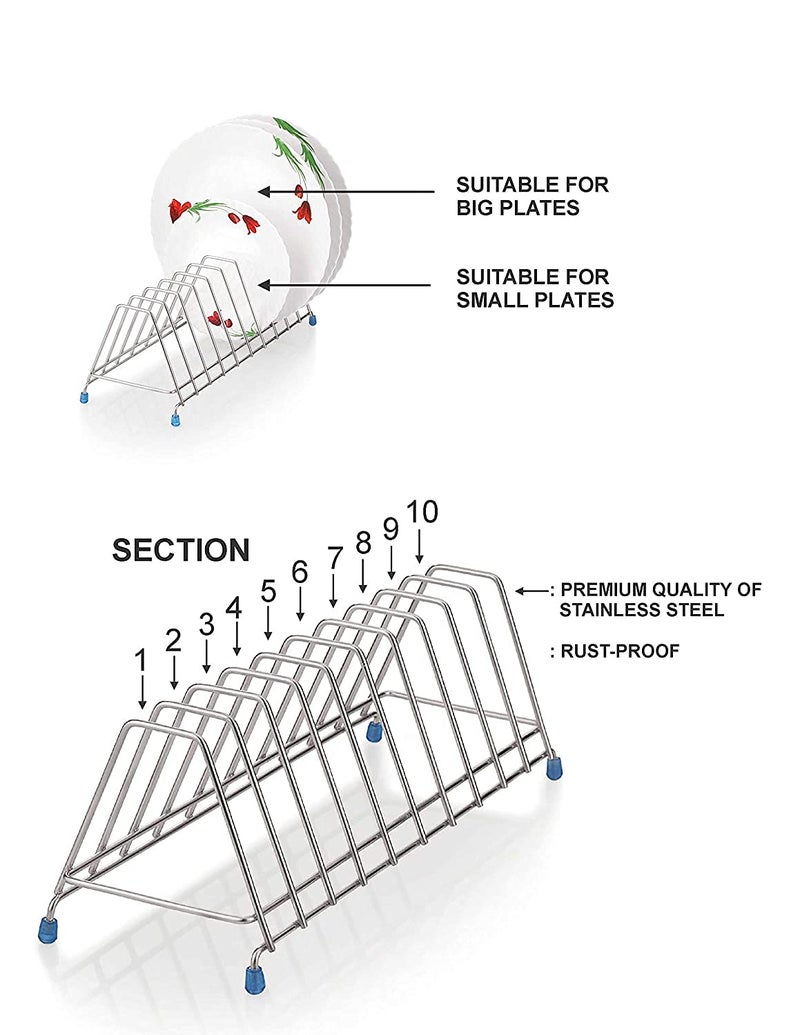 PUNO Stainless Steel Thali Rack Dish Rack Plate Stand Dish Stand Lid Holder Utensil Rack for Kitchen 10 Section Plate Rack - Image 2