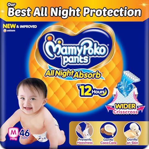 Mamypoko pants All night absorb|Pant Style Baby Diapers Medium Size(M), 46 Count, Ideal for 7-12Kgs|1 Diaper= Upto All night Absorption|Wider Crisscross Sheet|Gentle Coco Care| 12hr Leakage Protection - Image 1