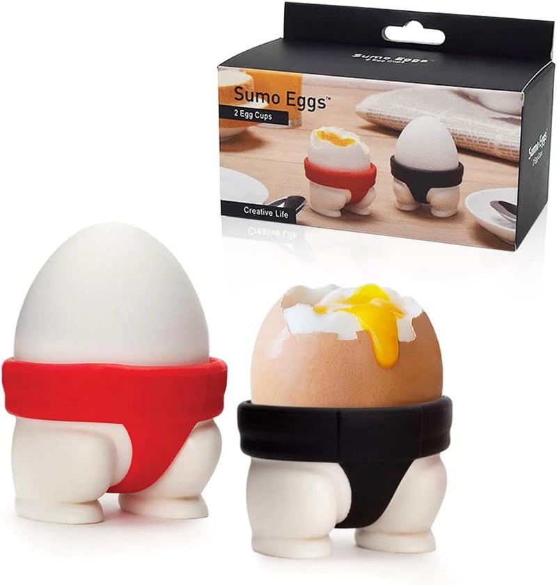 TASKHOUSE Soft or Hard Boiled Eggs Sumo Design Egg Cup Holders for Utensil Kitchen Decor (Set of 2) - Image 1