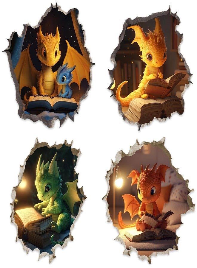 RABOWA Pack 4 Pcs 3D Dragon Reading in Hole Wall Sticker for Girls Boys Toddler Kids Room Bedroom Classroom Car Window Cute Stickers Waterproof Removable Vinyl Decals Home Accessories - Image 1