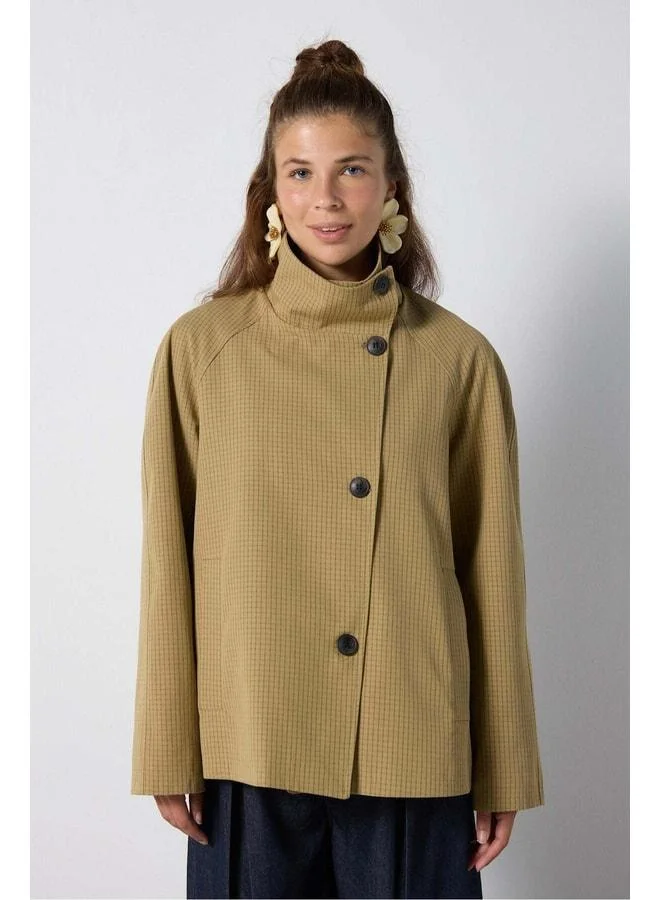mina aise Women's Khaki Checkered Design Straight-Collar Lined Trench Coat 32068.