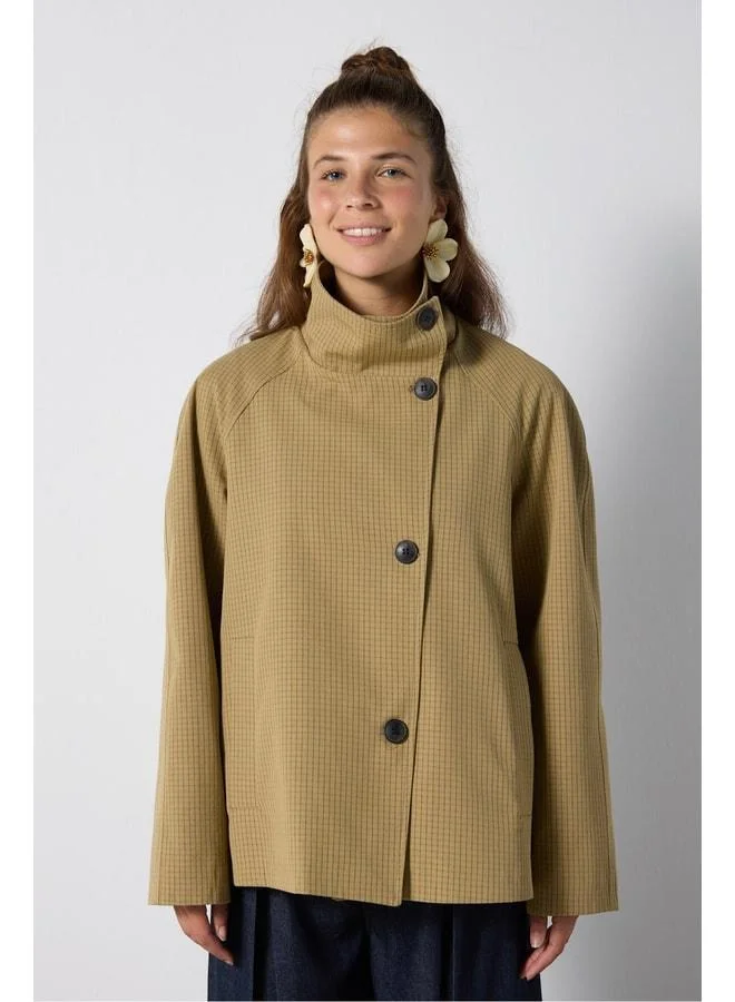 mina aise Women's Khaki Checkered Design Straight-Collar Lined Trench Coat 32068.