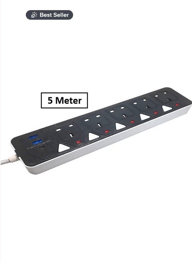 5-Socket Power Strip with 2 USB & 1 Type-C Port | 5-Meter Extension Cord | Surge Protector | Fast Charging | Multi-Device Compatibility | Home & Office Essential  - Image 1