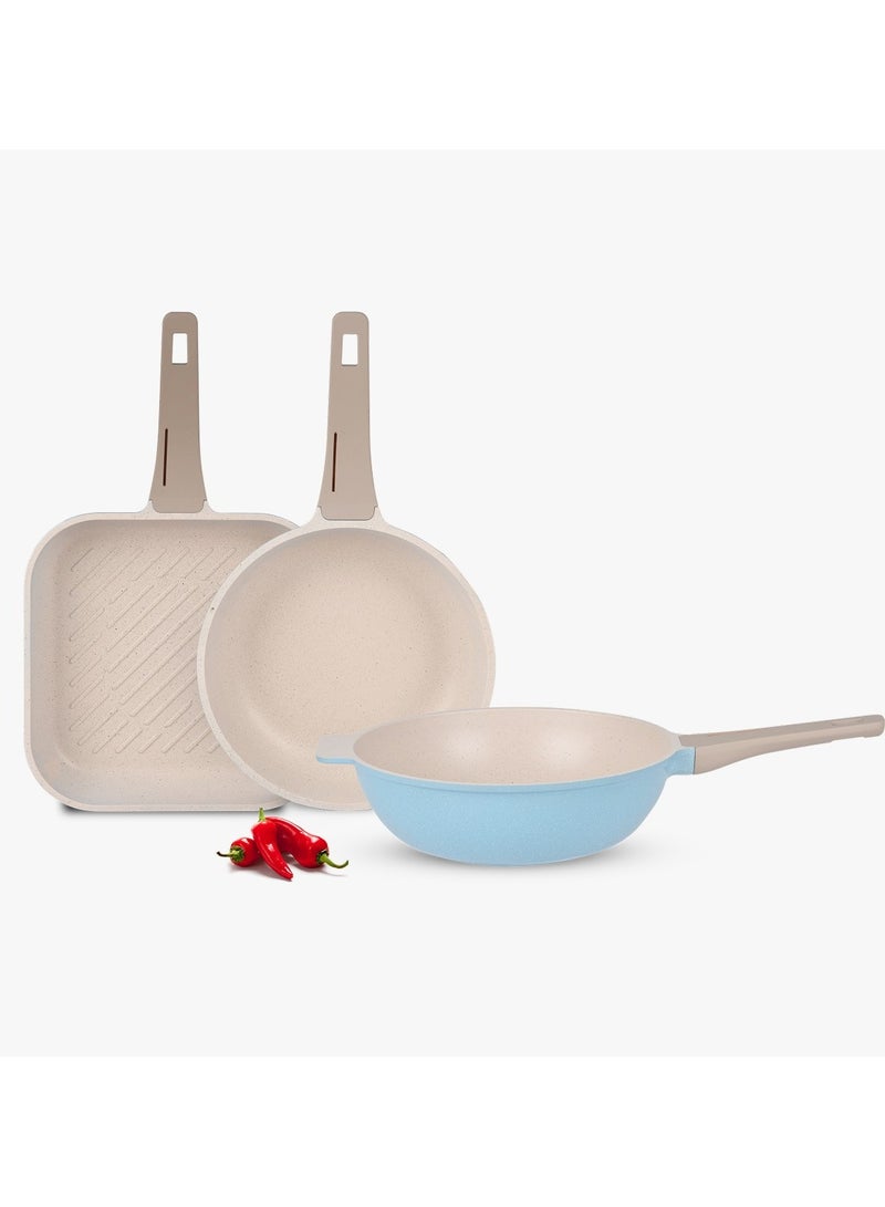 نيوكلين طقم نيوكلين مكون من 3 قطع (مقلاة ووك 30 سم + شواية 28 سم + مقلاة 26 سم)، لون أزرق فاتح.