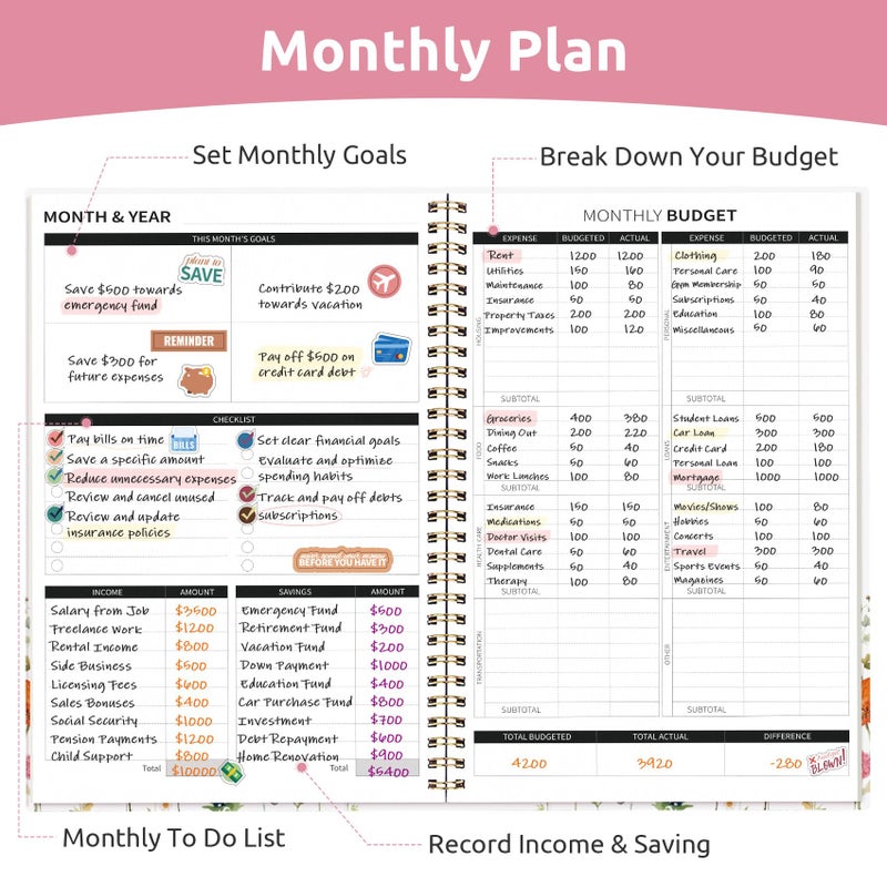 Taja Aesthetic Budget Planner - Monthly Finance Planner with Expense Tracker, Undated Bill Organizer, Budget Notebook to Manage Your Finances, Account Budget Book - Wildflowers - Image 3
