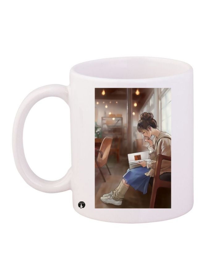 Reading Girl Printed Coffee Mug White/Brown/Blue 11ounce