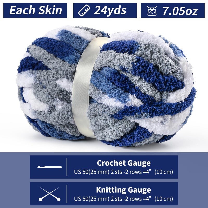 Waikxin 10 Pack Jumbo Chunky Yarn for Hand Knitting, Fluffy Chunky Chenille Yarn for Crocheting, Variegated Chunky Knit Baby Blanket Yarn, 240 yds /70.5 oz Super Bulky Yarnï¼ˆBlue-Whiteï¼‰ - Image 2