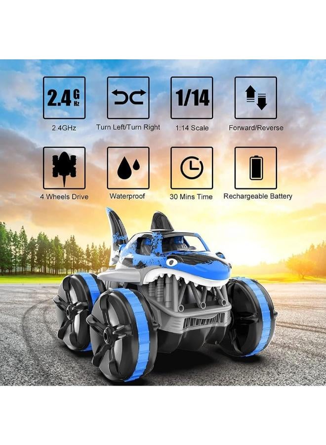 Zain GHAZAL Electric Shark Remote Control 360 Degree Spins RC Stunt Amphibious Car Plastic Red Blue - Blue - Image 5