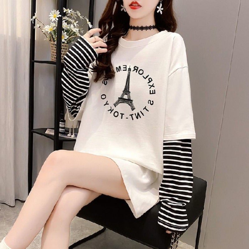 Fake two-piece long-sleeved T-shirt womens spring and autumn loose 2023 new Korean style student bottoming shirt top summer fashion 324 black stripes