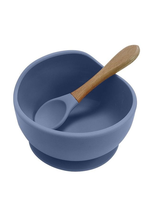 Generic Set of 3 Pieces Food Grade Silicone Cutlery Set, Baby Feeding Bowl with Suction and Natural Bamboo Wood Spoon, Large Capacity Adjustable Feeding Placemat, Non-Toxic BPA Free (Blue)  - Image 2